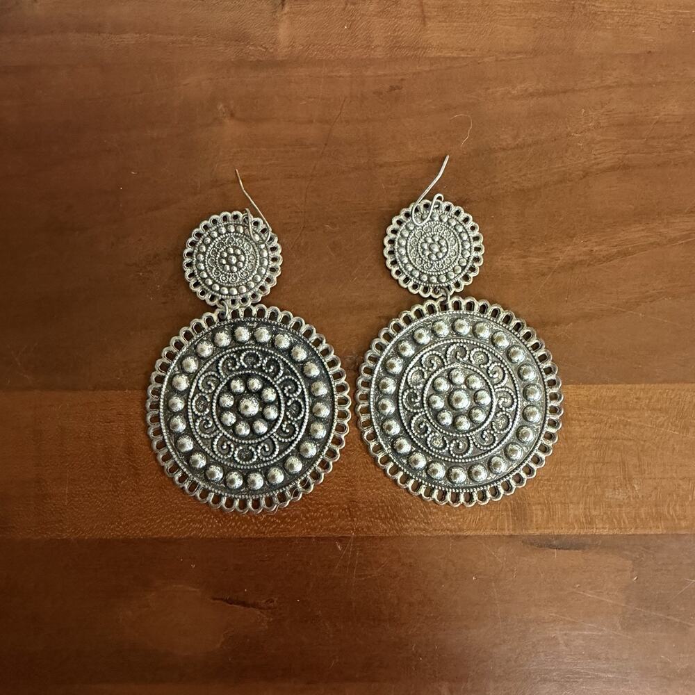 Deep Pewter Silver Tone Metal Embossed Double Disk Dangle Earrings